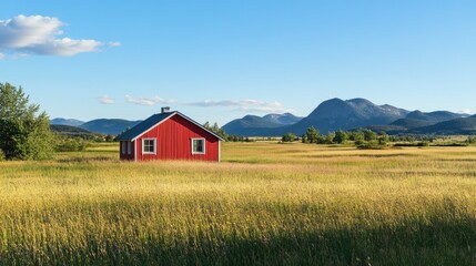 A vibrant red house in the middle of a grassy field, with mountains in the distance, offering a serene rural view.