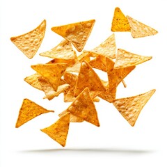 Close up of Flying delicious Mexican nachos chips on an isolated white background