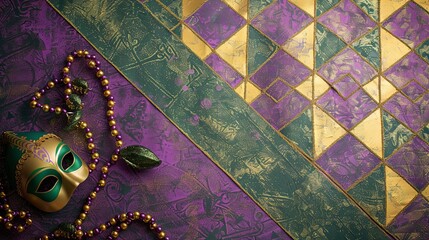 Wall Mural - Green, Gold, and Purple Mardi Gras Mask and Beads on Abstract Background.