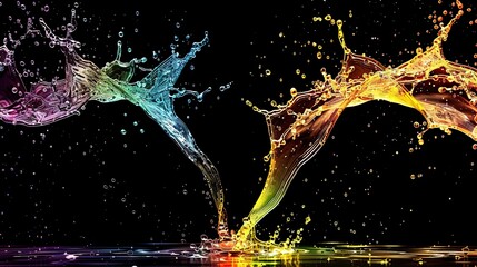   Two colorful splashes on black, one falling into water