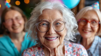 Wall Mural - Create a celebratory scene of centenarians from diverse ethnic backgrounds sharing cake and laughter at a colorful birthday party, surrounded