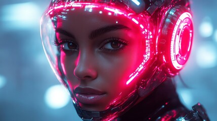 Canvas Print - Astronaut woman wearing space helmet posing in neon light