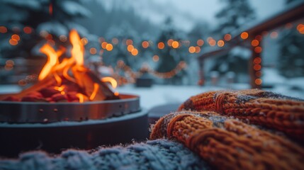 Canvas Print - Create a cozy outdoor lounge area with plush seating, warm blankets, and flickering fire pits surrounded by festive holiday decor.