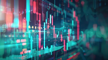 Poster - Double Exposure Economic Indicators: Double exposure of various economic indicators with fluctuating green and red graph lines showing the overall market performance on a digital screen