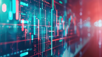Poster - Double Exposure Market Trends and Predictions: Double exposure of past market trends with fluctuating red and green graph lines and future market predictions on a digital screen