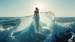 © NILSEN Studio - A serene scene of a woman in a flowing dress facing the ocean, with gentle waves and a clear, bright sky.