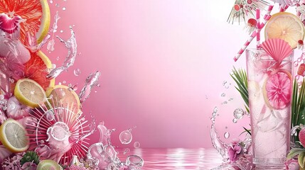 Wall Mural -  Pink background, glass, lemons, grapefruits, strawberries, ice, water