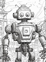 Wall Mural - Coloring book page cover old and rusty robot carton