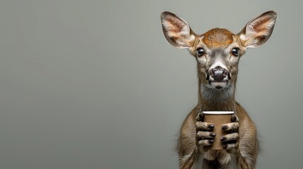 Poster -   A close-up of a deer with a surprised expression on its face, holding a cup in its mouth while looking at the camera