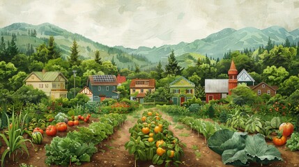 Poster - Create an illustration of a community garden where neighbors come