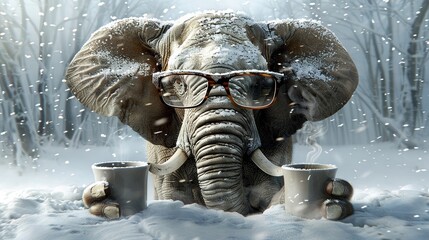   An elephant wearing glasses sits in the snow with a cup of coffee and two mugs nearby