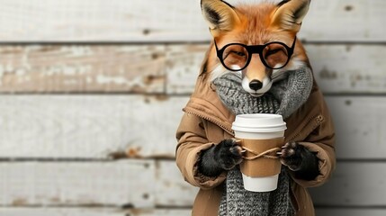 Wall Mural -   A fox in glasses, scarf, and holding a coffee cup in front of a wooden plank wall