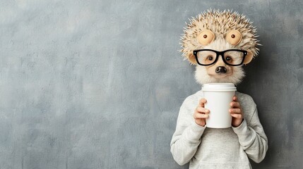 Wall Mural -   A surprised hedgehog in glasses holds a coffee cup, facing the camera