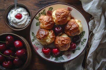 Wall Mural - plate of cherry popovers, beautifully arranged with a bowl of fresh cherries and a small pot of whipped cream on the side, captured in warm, natural lighting