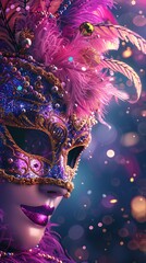 Wall Mural - A close-up of a pink and gold masquerade mask with purple feathers, glitter, and beads on a dark background with bokeh lights.