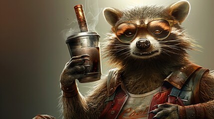 Wall Mural -   Raccoon with glasses, holding a cigarette and glass of beer in one hand and another cigarette in the other