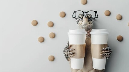 Wall Mural -   Stuffed animal holding two coffee cups in front of a pair of glasses on top of a wall with cookies