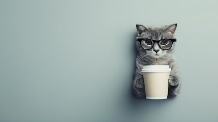 Wall Mural -   A cat with glasses and a cup of coffee peeks out from a gray background corner