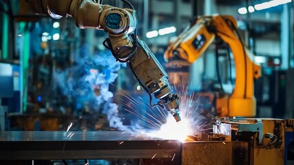 Poster - Robotic arms welding in industrial manufacturing plant. Automation and manufacturing industry concept. Modern technology and innovation. Industrial high tech manipulators