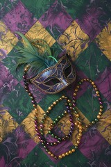 Wall Mural - A masquerade mask with feathers and colorful beads on a purple, green, and gold patterned background.