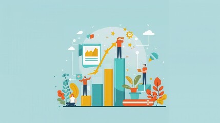 Poster - Entrepreneurial success story, team achieving goals, flat design illustration