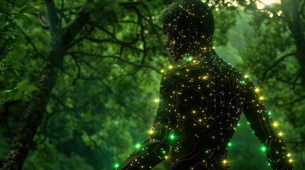 Poster - A figure illuminated with lights appears to merge with the surrounding forest, highlighting the connection between humanity and nature