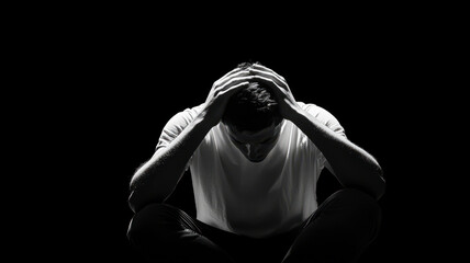 Man sitting alone felling sad worry or fear and hands up on head on black background