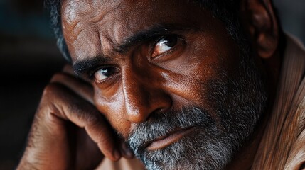 Poster - Indian Man with a Reflective Look: A close-up of an Indian man with a thoughtful expression, reflecting on life's experiences and aspirations.