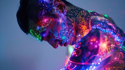 Poster - Bright, colorful lights dance across the intricate tattoos on a person's body, creating a stunning visual spectacle in a dimly lit room