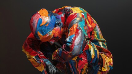 Poster - A colorful person curls on the ground, their body painted in vivid hues, creating an expressive and artistic statement at a creative gathering