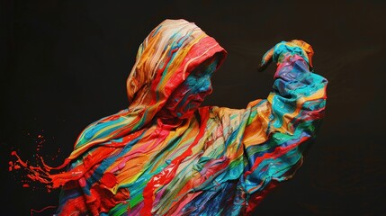 Poster - A figure is adorned in vibrant paint, striking a dynamic pose while showcasing a mix of colors under dramatic lighting