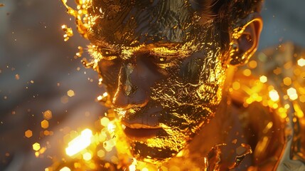 Poster - A figure enveloped in shimmering gold foil reflects warm lights, creating a striking visual effect in an artistic outdoor environment