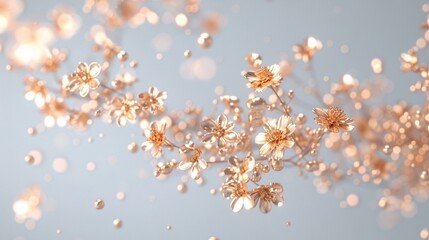 Wall Mural -   A macro of numerous blooms adorned with dew-kissed petals against a backdrop of sky