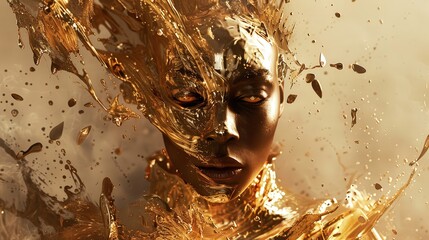 Poster - A woman’s face emerges from shimmering golden liquid, creating a captivating visual effect and artistic expression in a studio