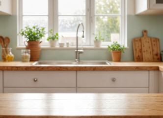 Wall Mural - Green Empty wooden table with the bright white interior of the kitchen as a blurred background behind the bokeh golden sunshine