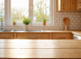 Wall Mural - Green Empty wooden table with the bright white interior of the kitchen as a blurred background behind the bokeh golden sunshine