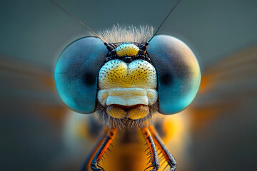 Close-up of a dragonfly's head with vibrant blue and gray multi-faceted eyes,