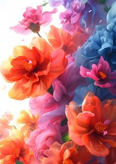 A colorful bouquet of flowers with a white background. The flowers are in various shades of pink, orange, and blue. Concept of freshness and vibrancy, as the colors of the flowers are bright