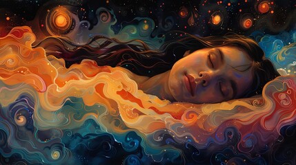 Canvas Print - Dreaming of Creativity Illustrate a scene of a person sleeping peacefully, surrounded by swirling colors and abstract shapes