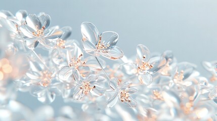   A close-up of a group of flowers on a light blue background with gold highlights in the petal centers