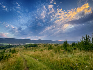 Wonderful landscape view on the Carpathian Mountains during the sunset in the summer season 