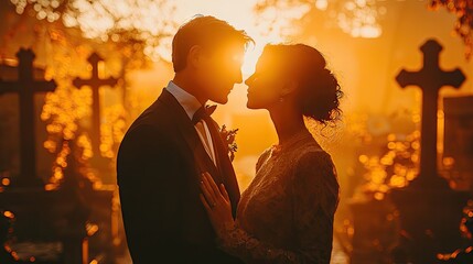 Couple praying together in a field in front of a cross at sunset