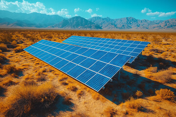 Wall Mural - Solar panels at a solar farm at a desert on a sunny day.