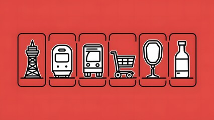 2D icons of a tower, a high-speed train, a shopping cart, a mirror and a bottle separated on a bright red background in a simple black and white design, with vertical and curved lines forming their bo