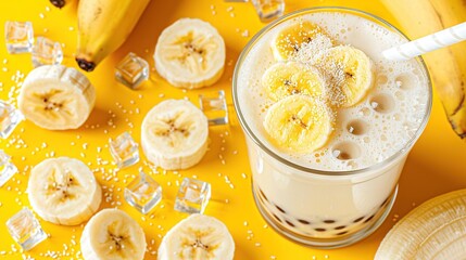 Wall Mural -   A banana smoothie in a glass with a straw on a yellow table, surrounded by sliced bananas and pieces of banana peels