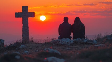 Couple praying together in a field in front of a cross at sunset