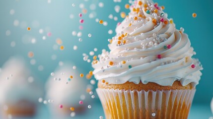 Poster -   A blue background with cupcakes featuring white frosting and sprinkles