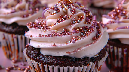 Wall Mural -   Cupcake close-up with white frosting and pink sprinkles