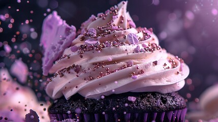 Wall Mural -   A high-resolution image of a cupcake in close detail with icing and colorful decorations against a vibrant purple and pink backdrop