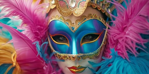 Wall Mural - A woman wearing a blue, gold, and red masquerade mask with pink and blue feathers around her face.